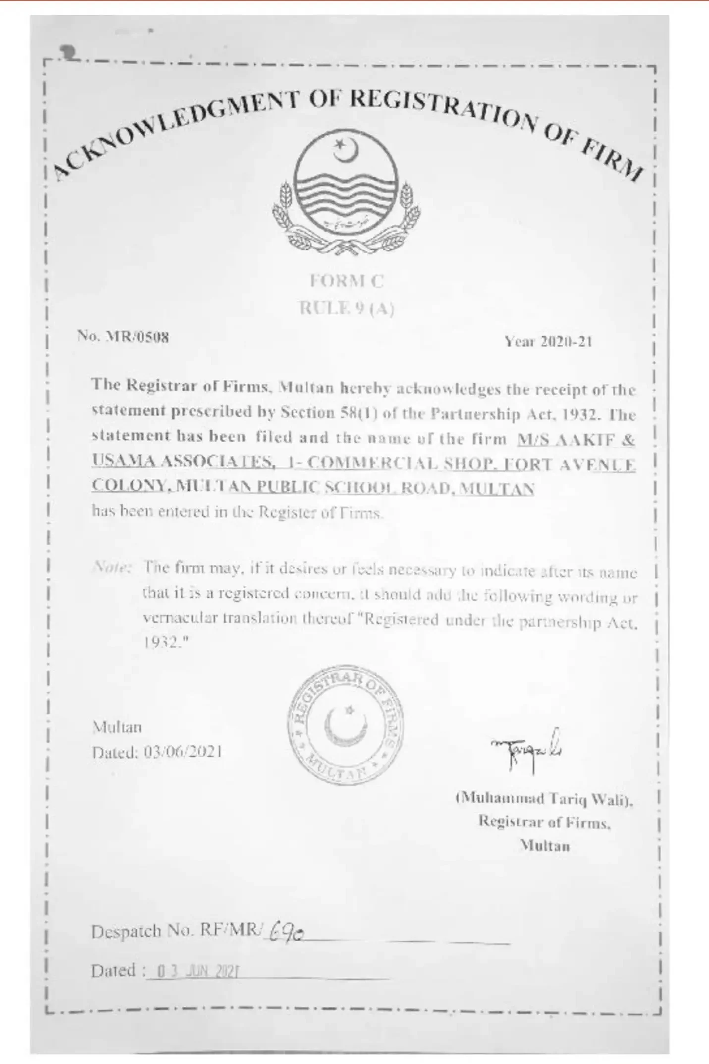 Acknowledgement certificate